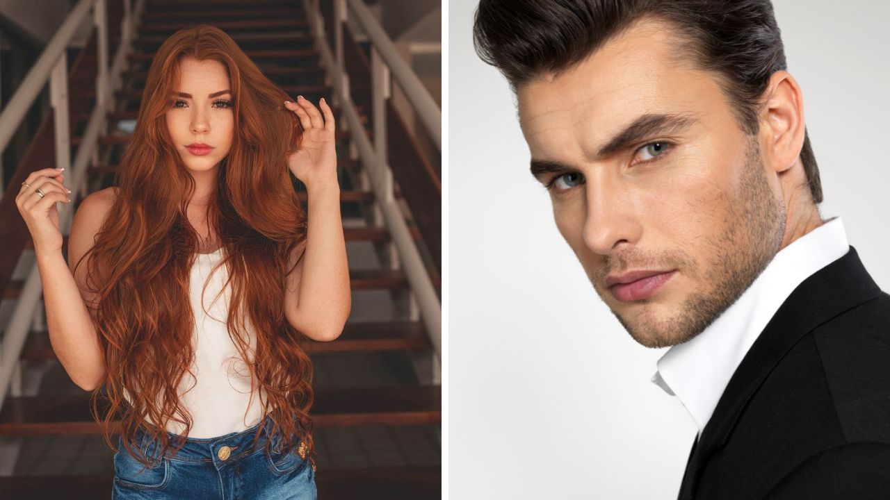 Beatuful red head woman with long lush hair and handsome man with flawless skin. 